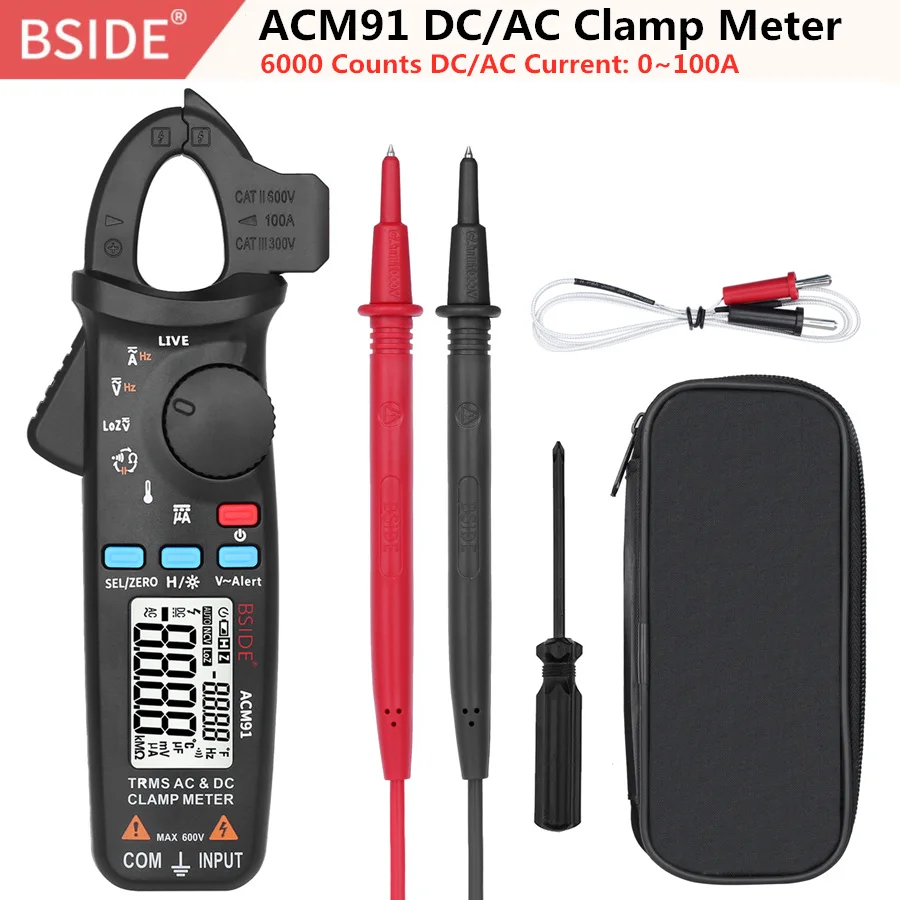 BSIDE ACM91 Digital AC/DC Current Clamp Meter Auto Range Car Repair TRMS Multimeter Live Check NCV Frequency Capacitor Tester