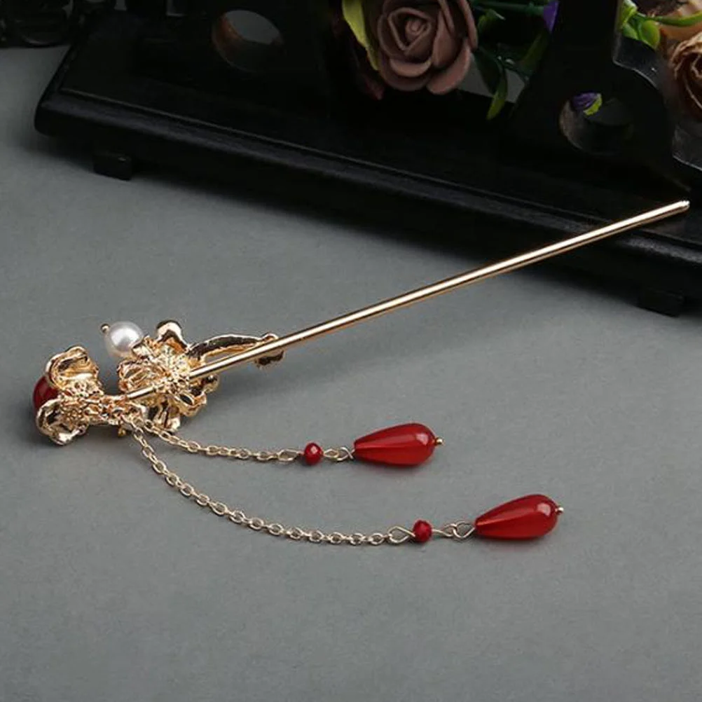 

2 Pcs Gold Tassel Hair Retro Hairpins Accessory Red Miss Nail Jewels