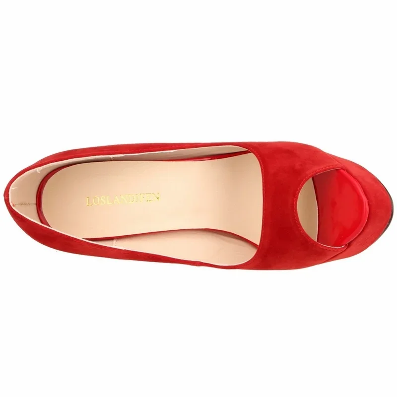 Zapatos de tacón alto de aguja para mujer, calzado Sexy de terciopelo con punta abierta, Plataforma para fiesta de noche, boda, oficina, color rojo