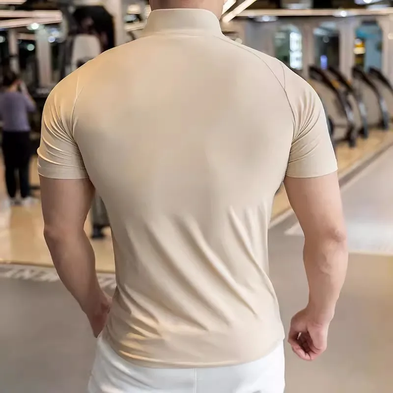 Summer ice silk fabric Short Sleeve Men kids youth Running Fitness T shirt Quick Dry Sports Bodybuilding zipper Training Shirts