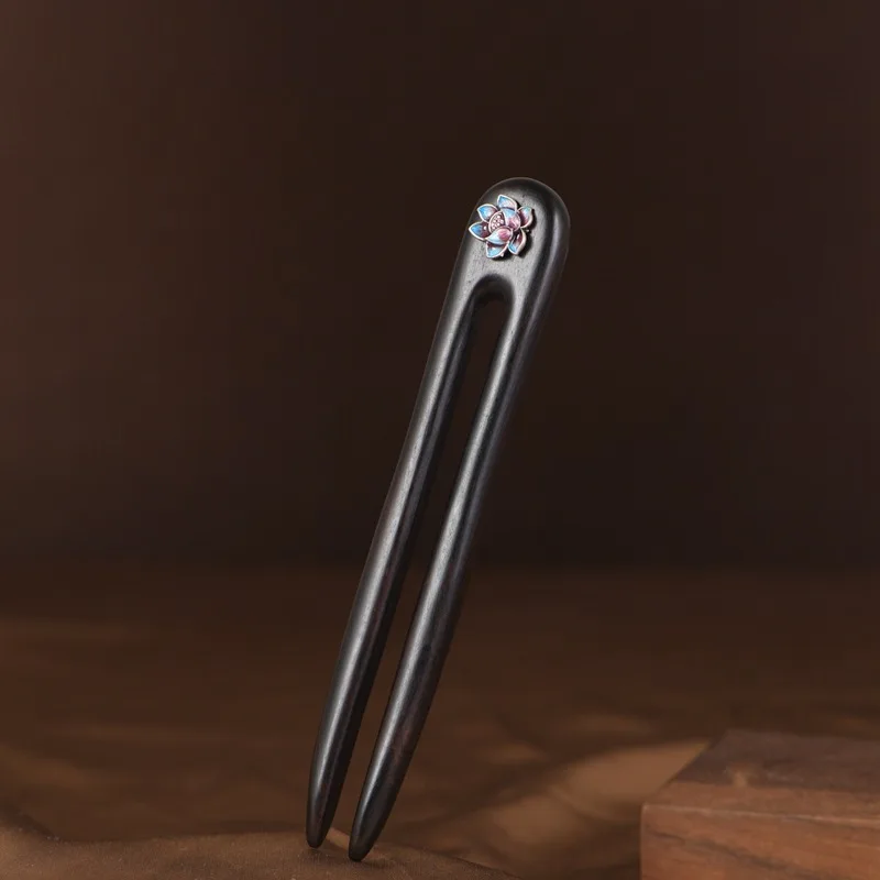 

Silver enamel lotus solid wood hairpin
