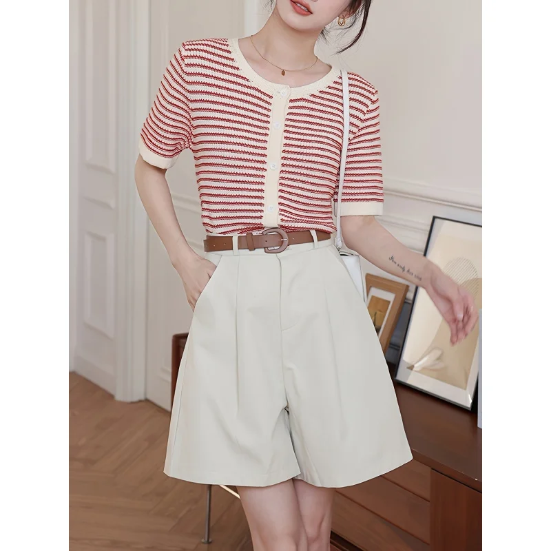 French-Style Chic Red Striped Short-Sleeve-Shirt Women, Autumn Cropped Vintage Classic Elegant Style Top Cardigan with Rou