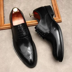 HKDQ Black Oxford Shoes Men Brogues Shoes Lace Up Formal Shoes Genuine Leather Wedding Business Men Luxury Dress Shoes