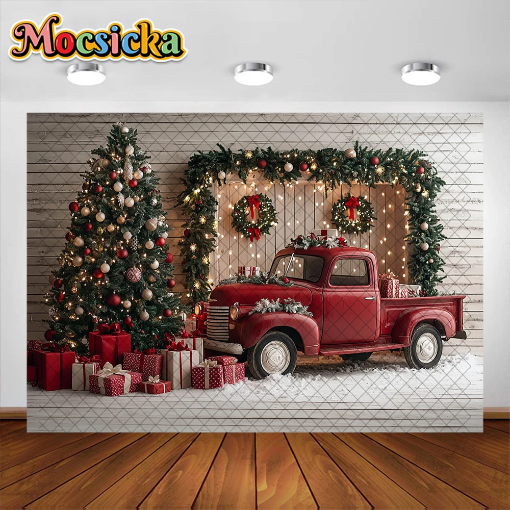 Fondo de fotografía de camión rojo de Navidad, regalos de árbol de Navidad, tablero de madera, decoración de pared, retrato familiar, accesorios de estudio fotográfico
