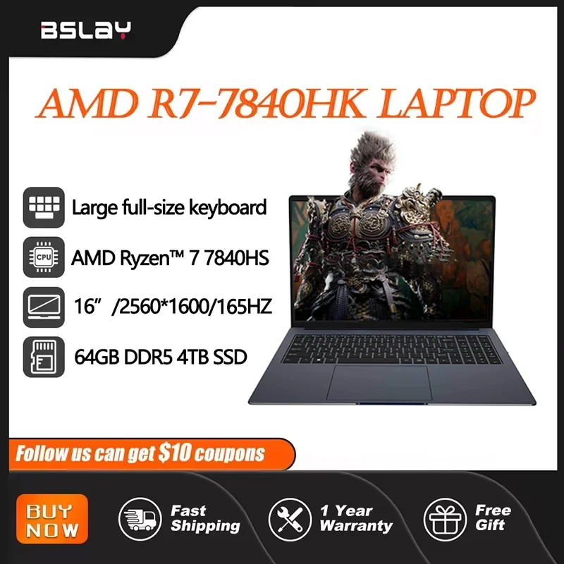 AMD R7-7840HS Laptop 16 inci 64GB DDR5 4TB SSD 8 core 16 benang Wifi6 kamera HD 5.1 GHz Netbook portabel Backlit