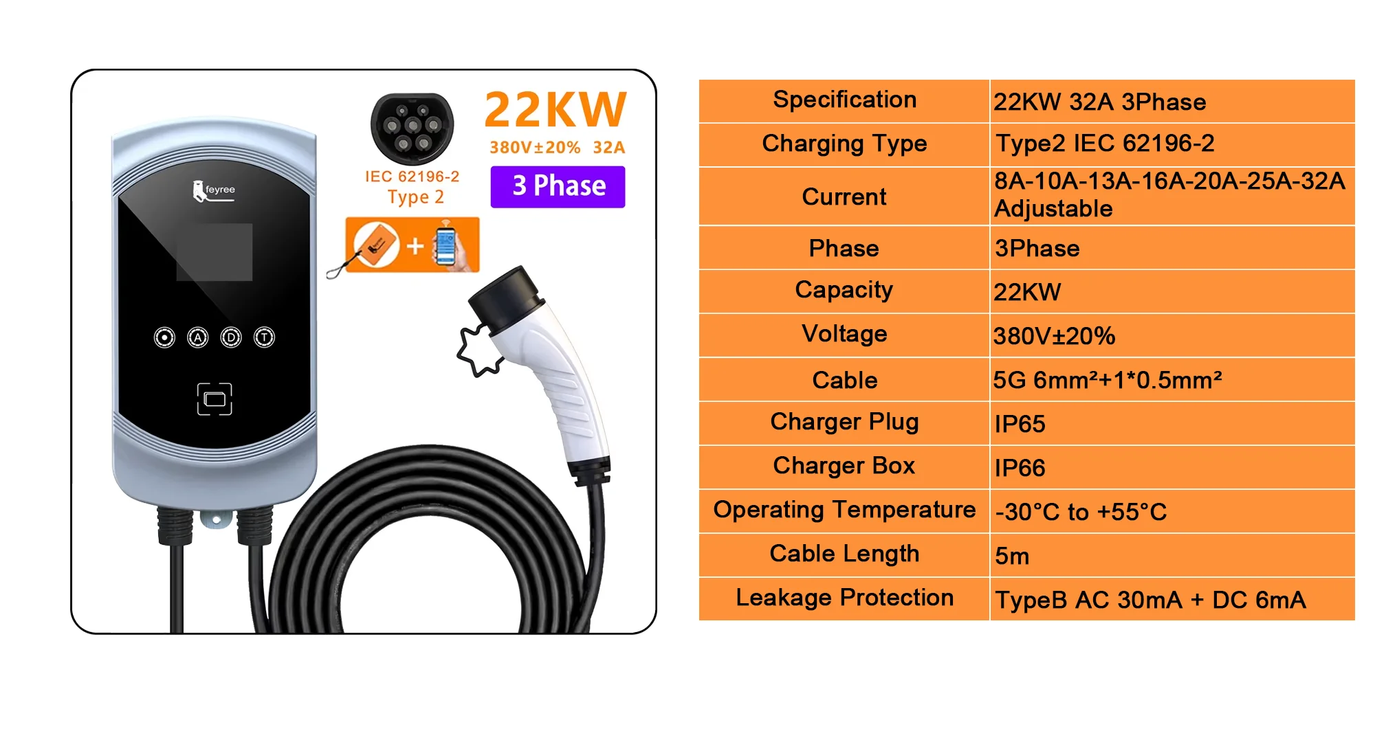 Feyree EV-Ladegerät 32A 7,6KW Elektrofahrzeug-Ladestation EVSE Wallbox 11KW 22KW 3-Phasen Typ2 Kabel IEC62196-2 Steckdose APP-Steuerung – Detail 3