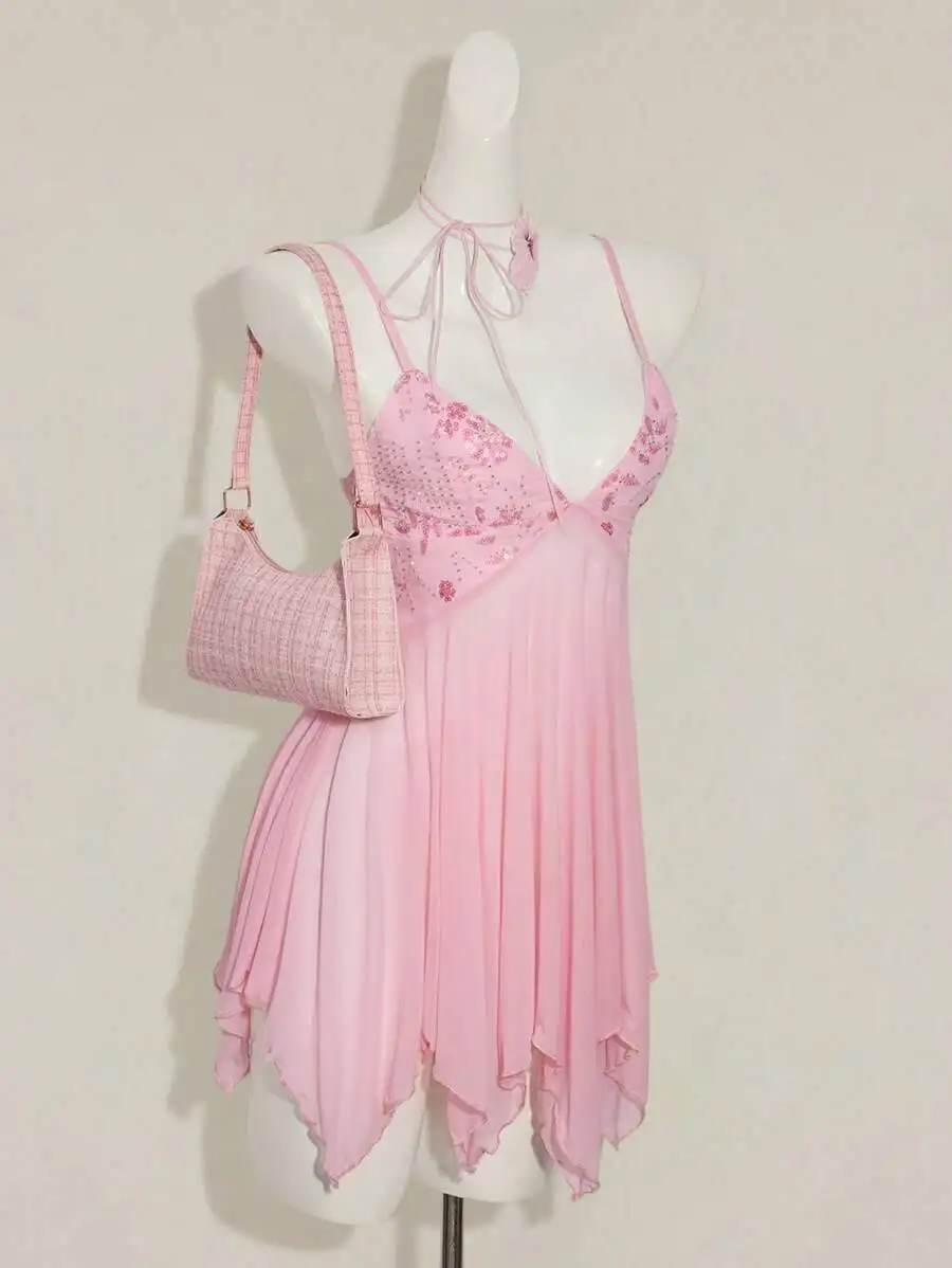 

Women's Pink Sequin Embroidered V-Neck Mesh Patchwork Asymmetrical Hem Ruffle Cami Mini Dress, Figure-Hugging