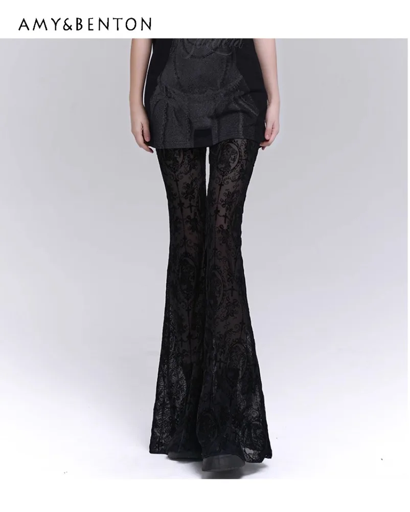 

Gothic Black Lace Micro-horn Trousers High Waist and Thin Subculture Sweet and Spicy Style Music Festival See-through Pants