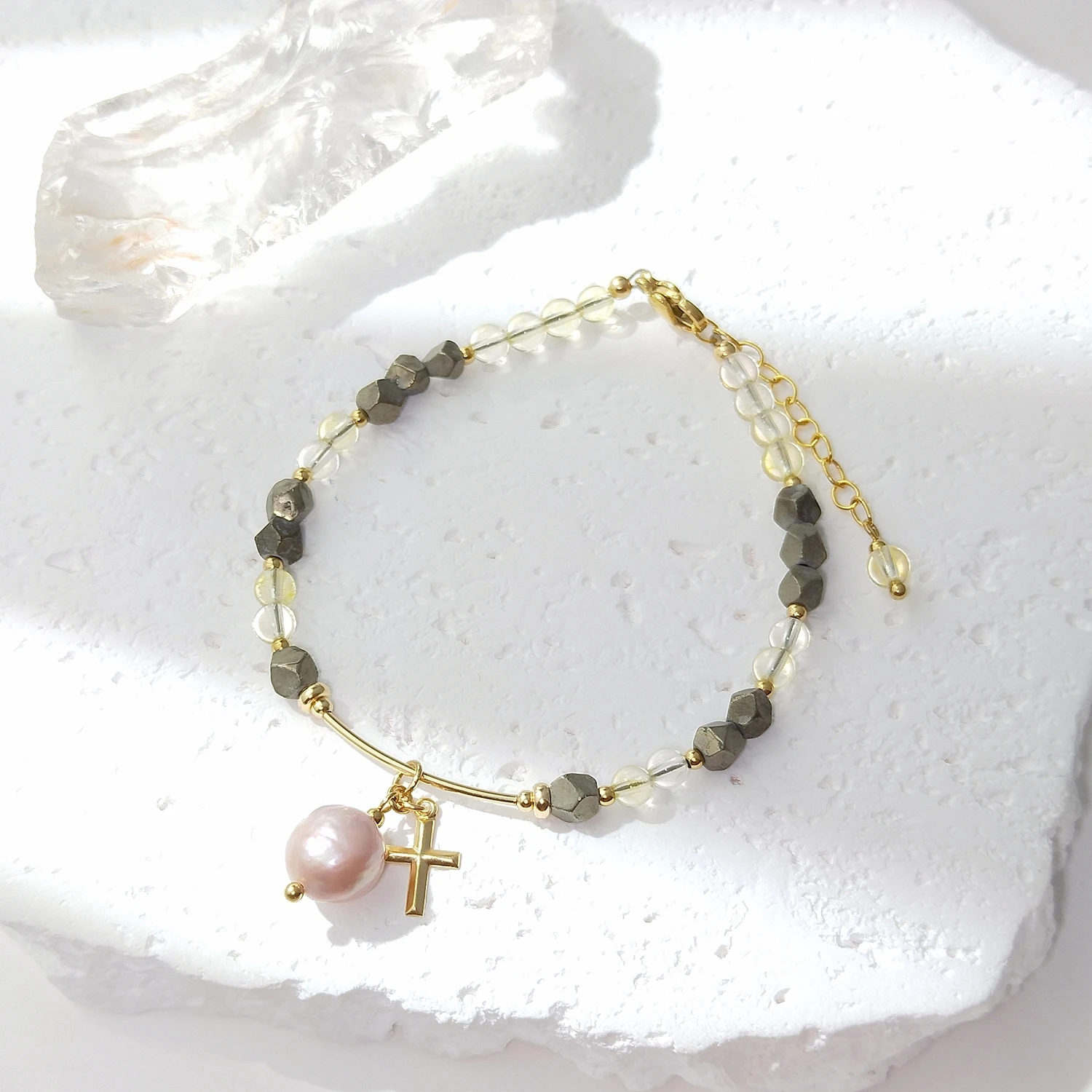 Lii Ji 4-5mm Citrine Pyrite Natural Stone With Freshwater Pearl American 14K Gold Filled Charm Bracelet