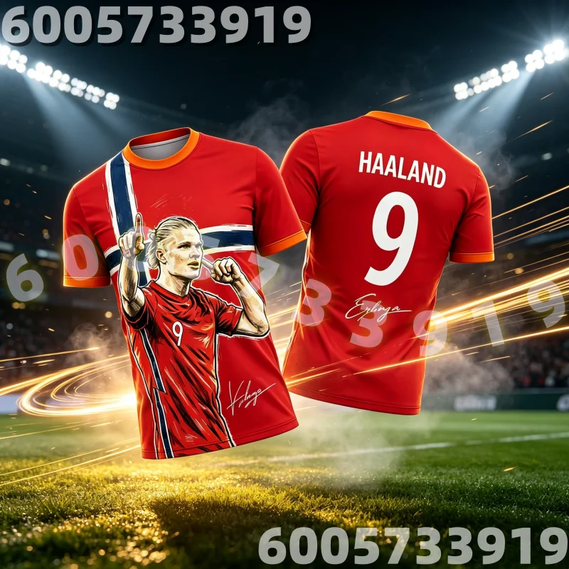 2026 Latest Unisex Haaland #9 Soccer Jersey Hand Drawn Portrait Norway Flag Print Breathable Quick Dry Football Family Kids Tees