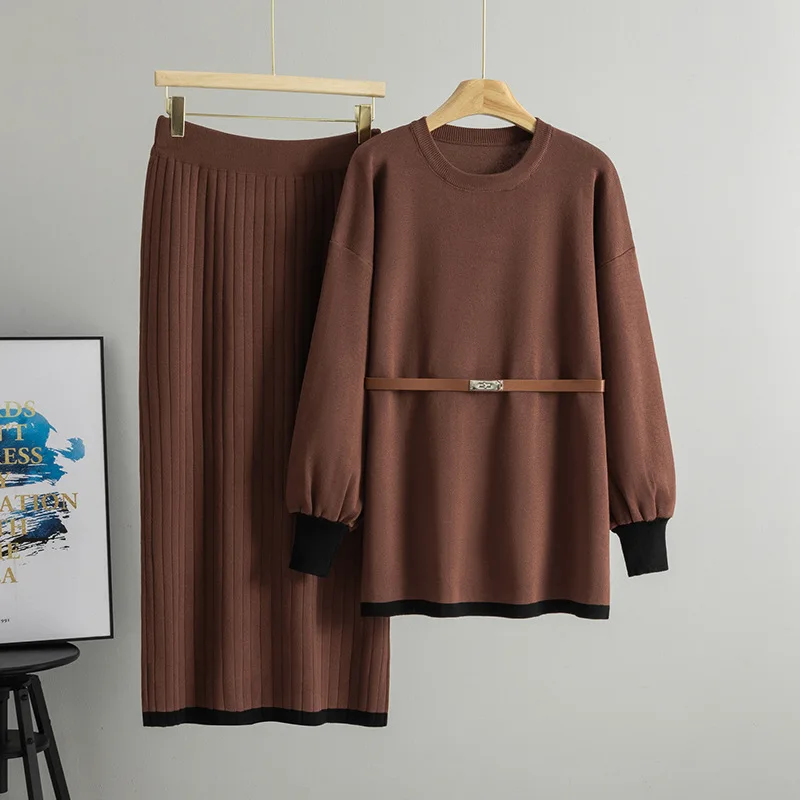 

Casual loose O-neck color blocked long sleeve knit Pullover+elastic waist Midi pleated Skirt 2-piece set winter Women Sets New