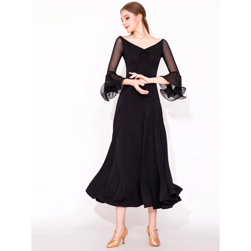 Nuevo vestido de baile latino de media manga con volantes y cuello en V para mujer, Ropa de baile de salón de vals moderna, traje de práctica de actuación MY936