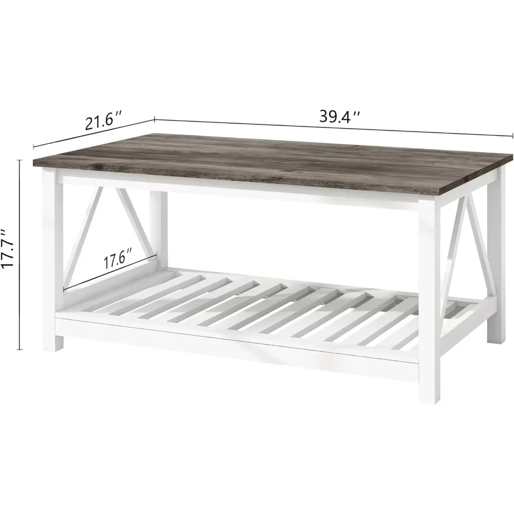 Bauernhaus Couch tisch für Wohnzimmer, 2-stufiger rechteckiger Cocktail-Tisch aus Holz mit Lamellen regal und V-förmig