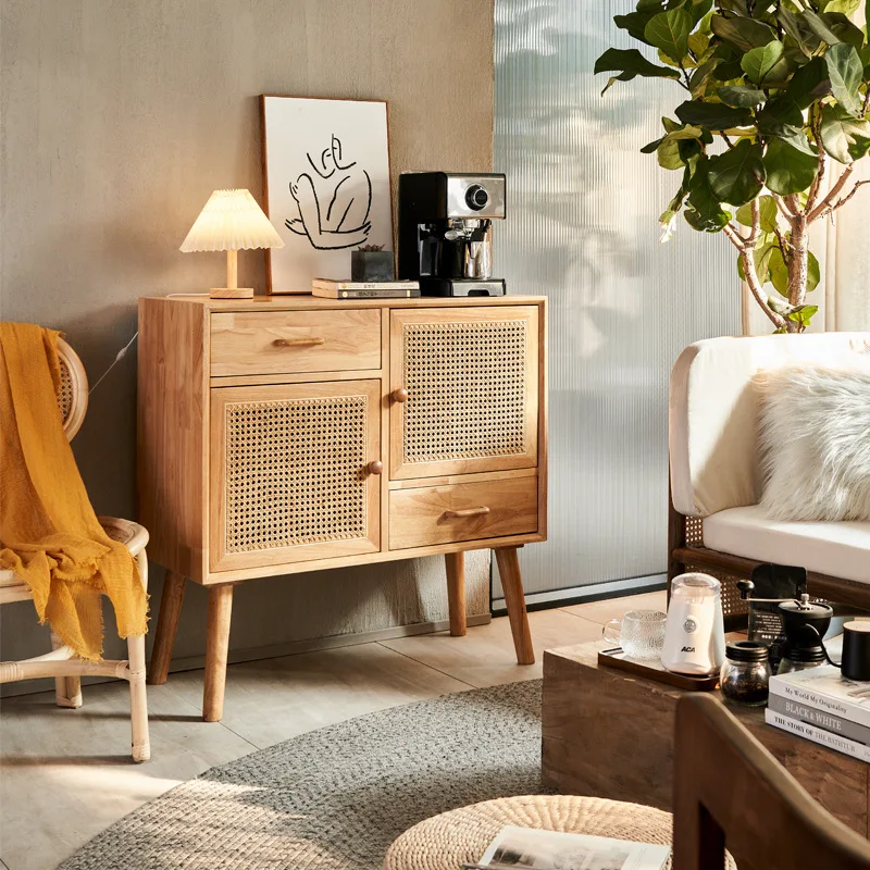 Nordic solid wood dining side cabinet Hotel restaurant Multifunctional handmade rattan tea cabinet Home living room