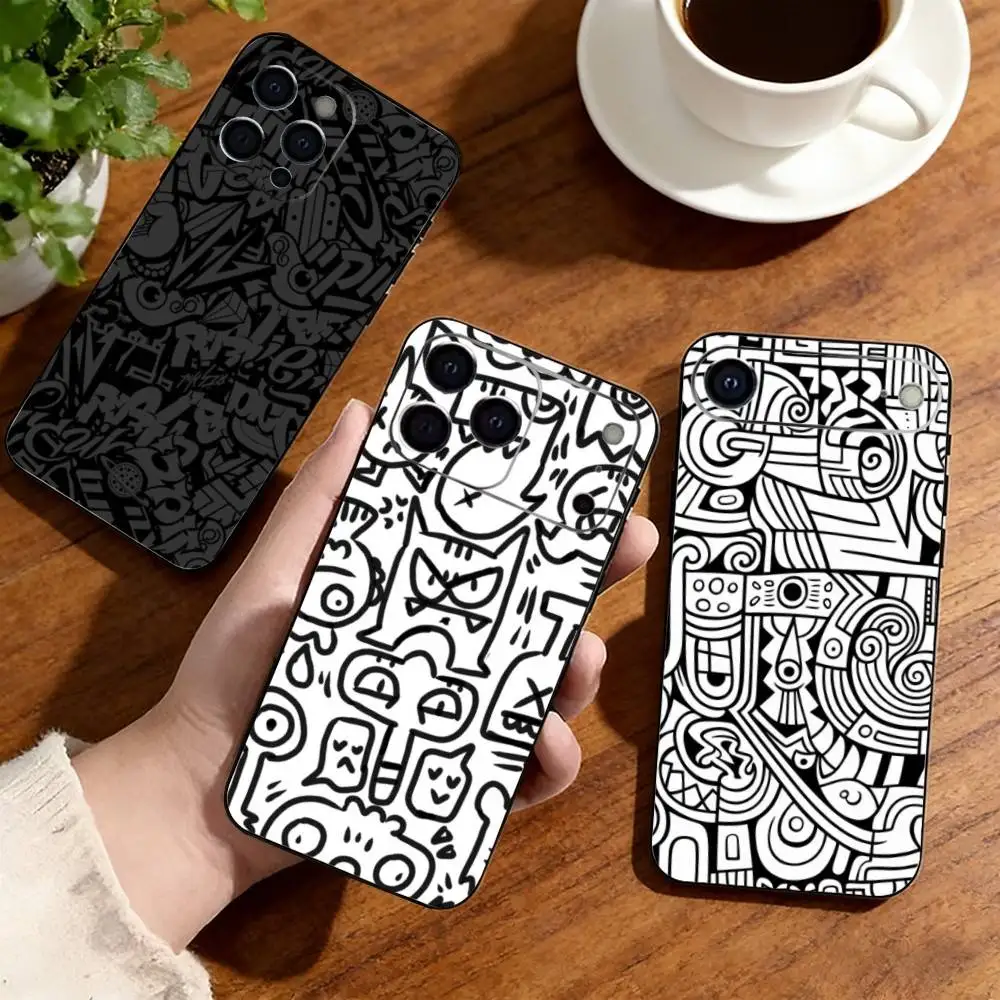 

Black White Graffiti Art Phone Case For iPhone17,16,15,14,13,12,11 Plus,Pro Soft Silicone Black Cover