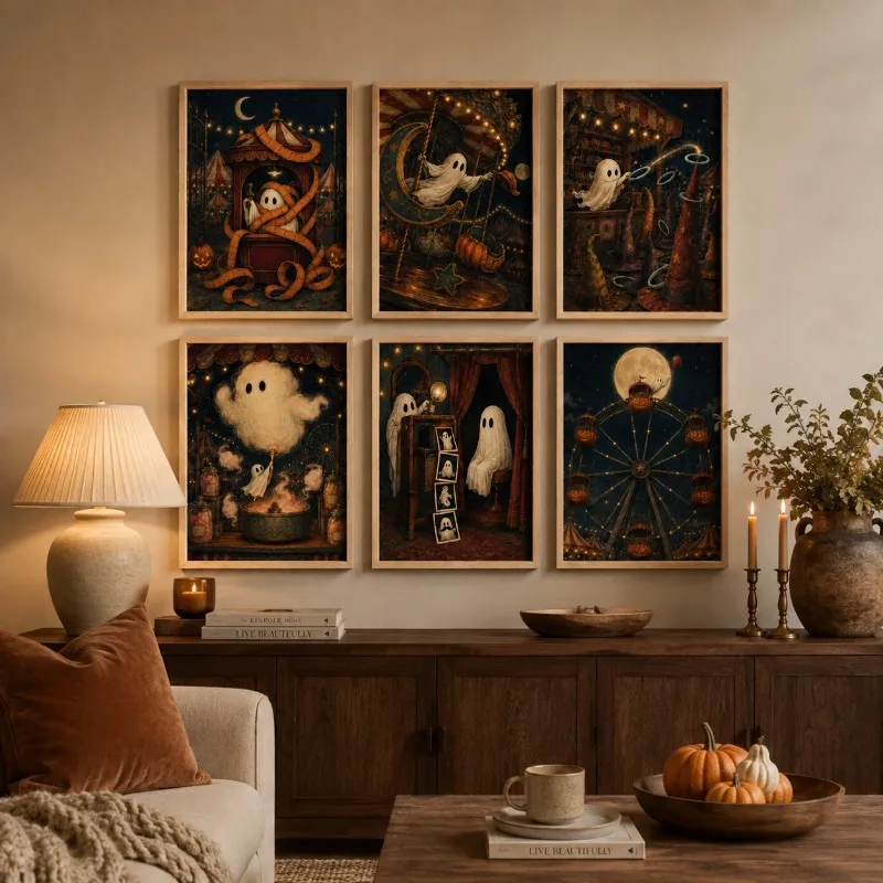 Vintage Cute Ghost Circus Carnival Canvas Halloween Wall Art Spooky Amusement Park Moon Pumpkin Holiday Home Room Decoration