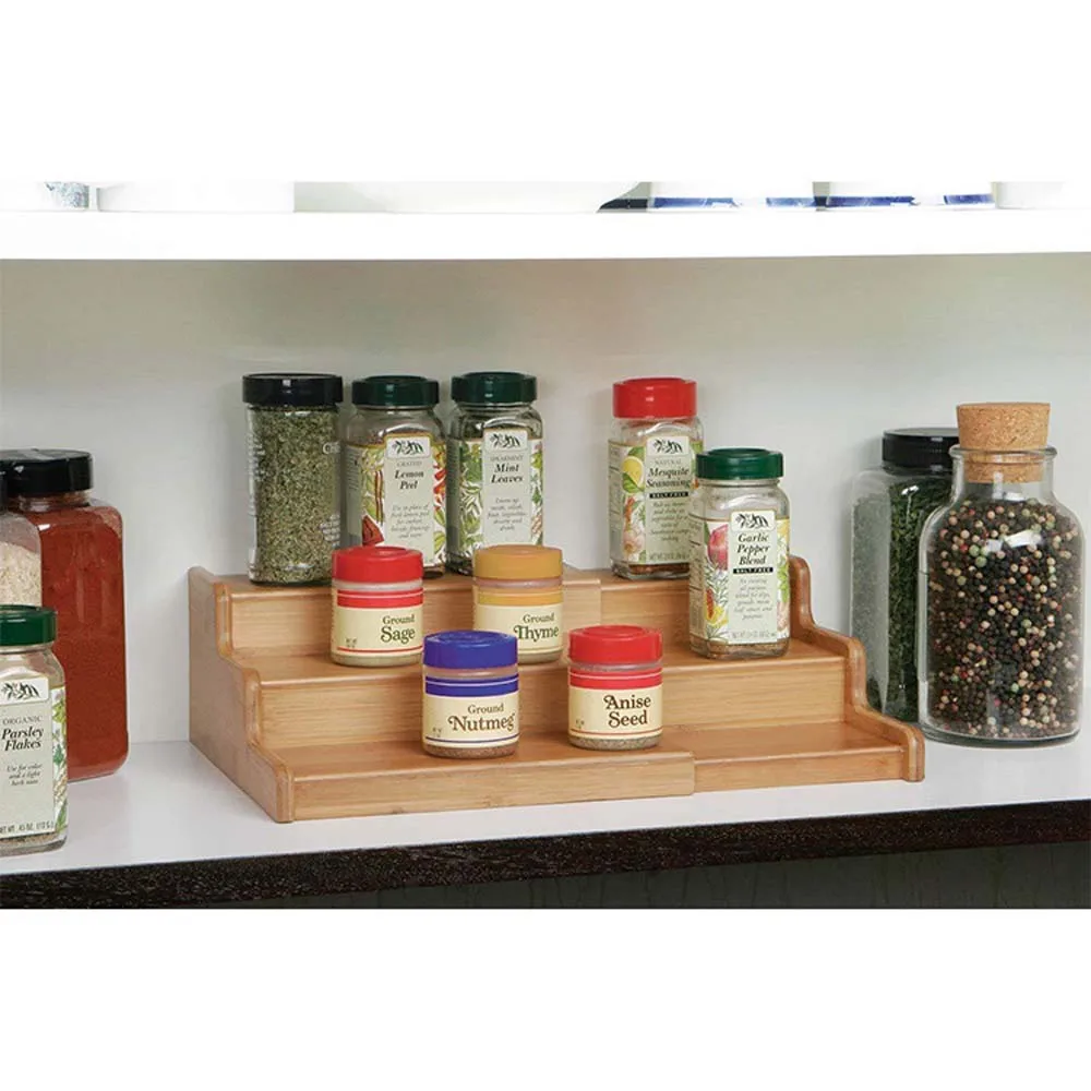 Spice Rack Kitchen Cabinet Organizer- 3 Tier Bamboo Expandable Display Shelf Bamboo 3-Layer Adjustable Spice Rack