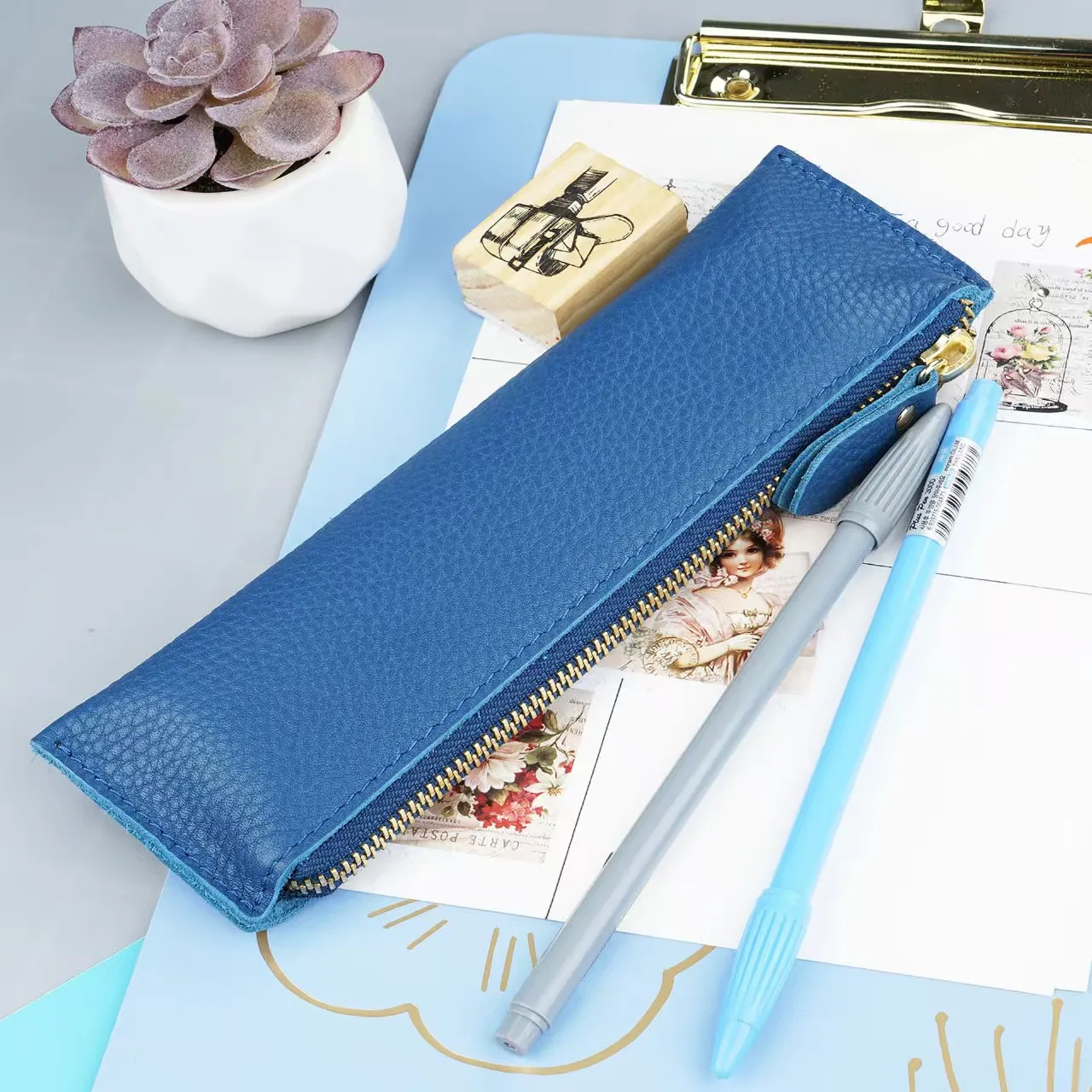

100% Genuine Leather Zipper Pen Pencil Case Bag Litchi Embossed Leather Creative School Stationary Large Capacity Accessories