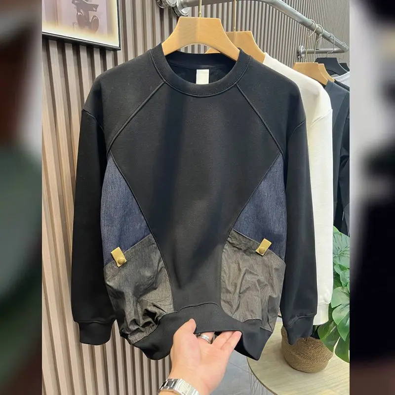 Sweatshirts for Men Pocket Contrasting Colors Round Neck Man Pullover Cotton Splicing Crewneck Sweatshirt 90s Vintage Y2k Winter