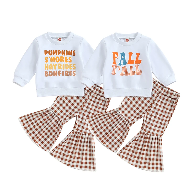 2023-07-13 Lioraitiin 0-4Years Toddler Girls Fall Outfits Halloween Letter Print Long Sleeve Sweatshirts Plaid Flare Pants