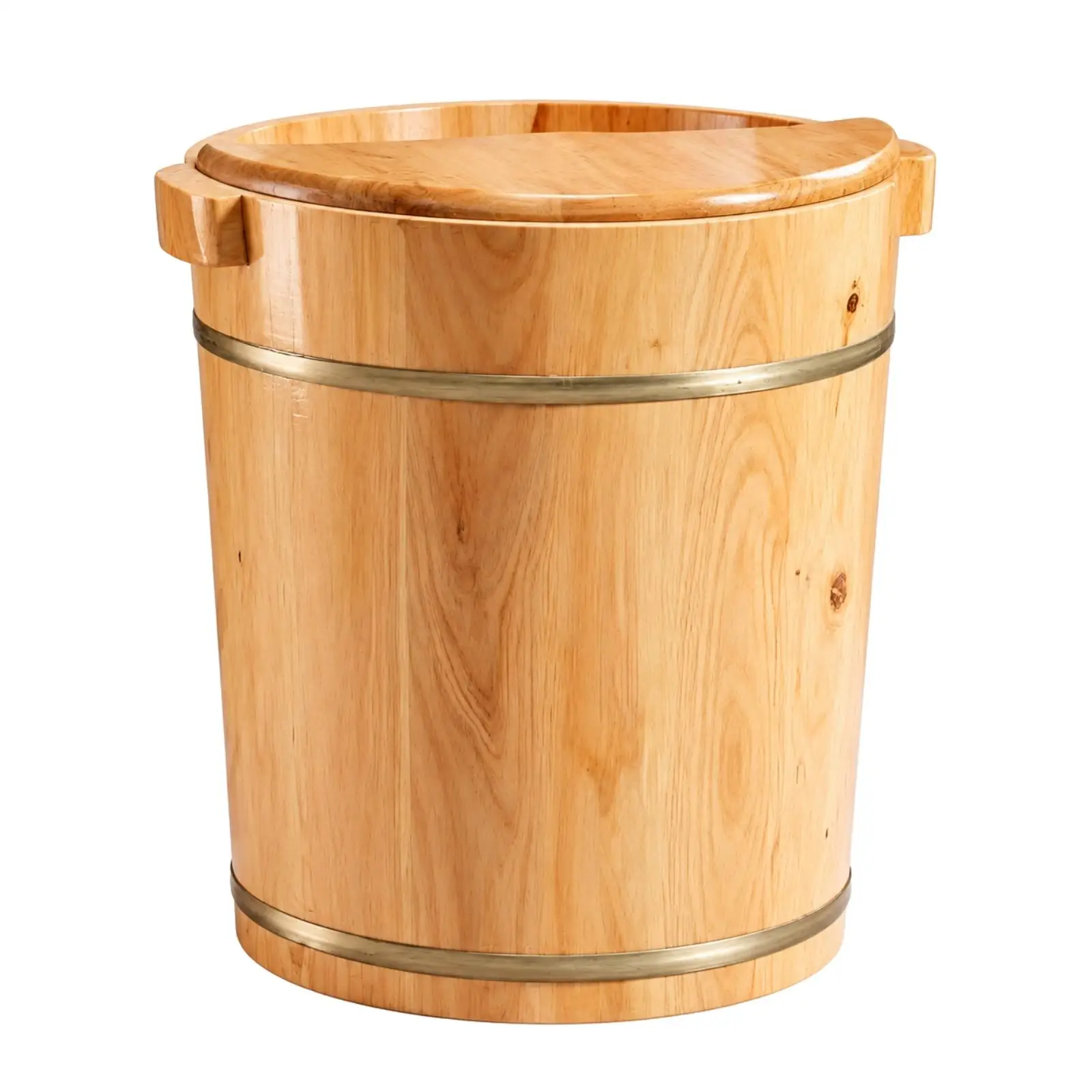 Cylindrical Wooden Foot Bath Bucket for Daily Relaxation with Wood Grain Texture and Metal Banding