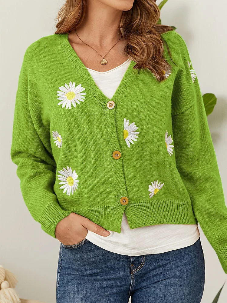 2024 Ladies New Little Daisy Embroidered Button Cardigan Sweater