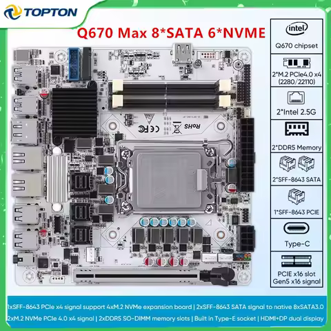 Q670 NAS Motherboard ITX Firewall Mainboard Intel 12/13/14th Gen LGA1700 2*DDR5 2*2.5G LAN 1*PCIE5.0x16 Max 8*SATA 6*M.2 NVMe