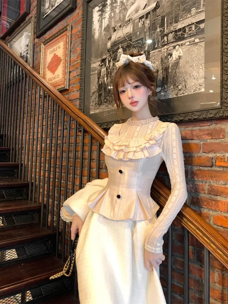 

French Retro Elegant Dress Suits Ruffled Slim Lace Splicing Shirt Blouse High Waist A-line Skirt Autumn Women's Two Piece Set