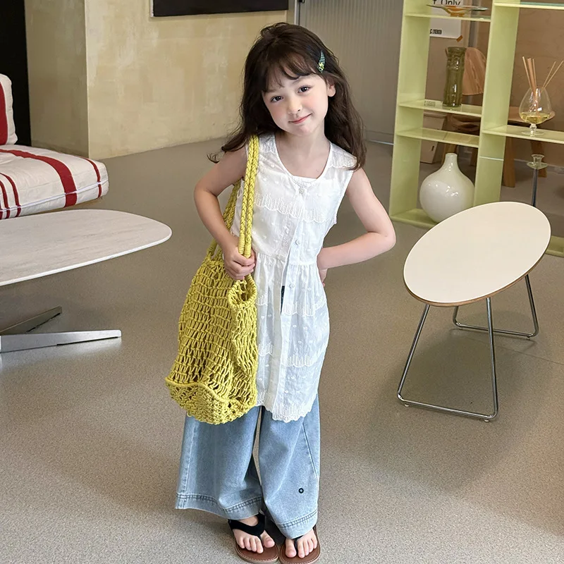 2025 Girl's Summer Temperament Sweet Lace Jacquard Layered Vest Dress Lightweight Sunscreen Sleeveless Cover Dress