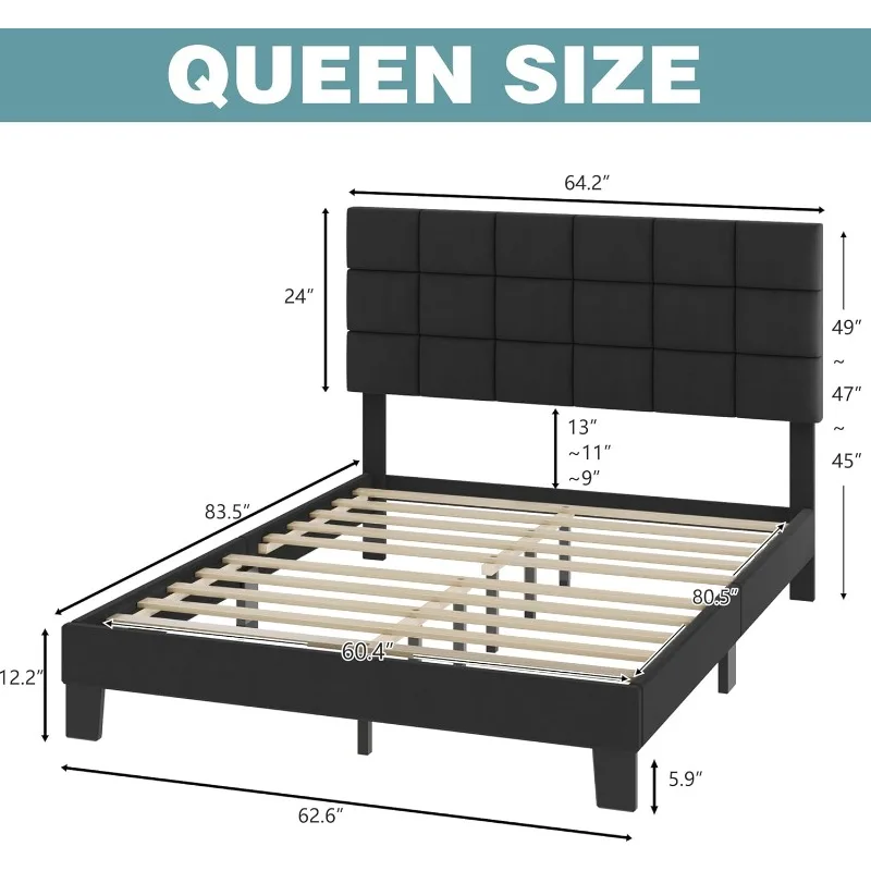 Queen Bed Frame with Headboard Linen Upholstered Bed Frame with Wood Slats Support, Button Tufted Design,Dark Grey