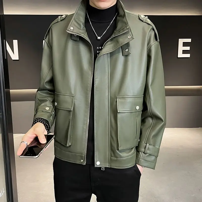 

Новинка 2024 года, мужская кожаная куртка, осень-зима, корейский стиль, повседневное модное байкерское пальто, универсальная верхняя одежда для мужчин