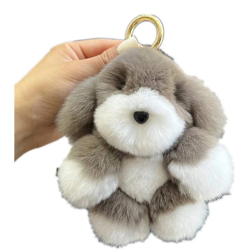 Cute Stuffed Animal Dog  Real Rex Rabbit Fur Fluffy Animal Keychain Fashion Accessory Backpack Clips Kindergarten Gift