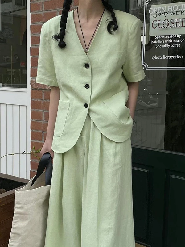 

Комплект льняного костюма Ele, женский простой ор Све V-Ne, свободные прямые брюки, комплект из двух предметов, моющийся летний наряд