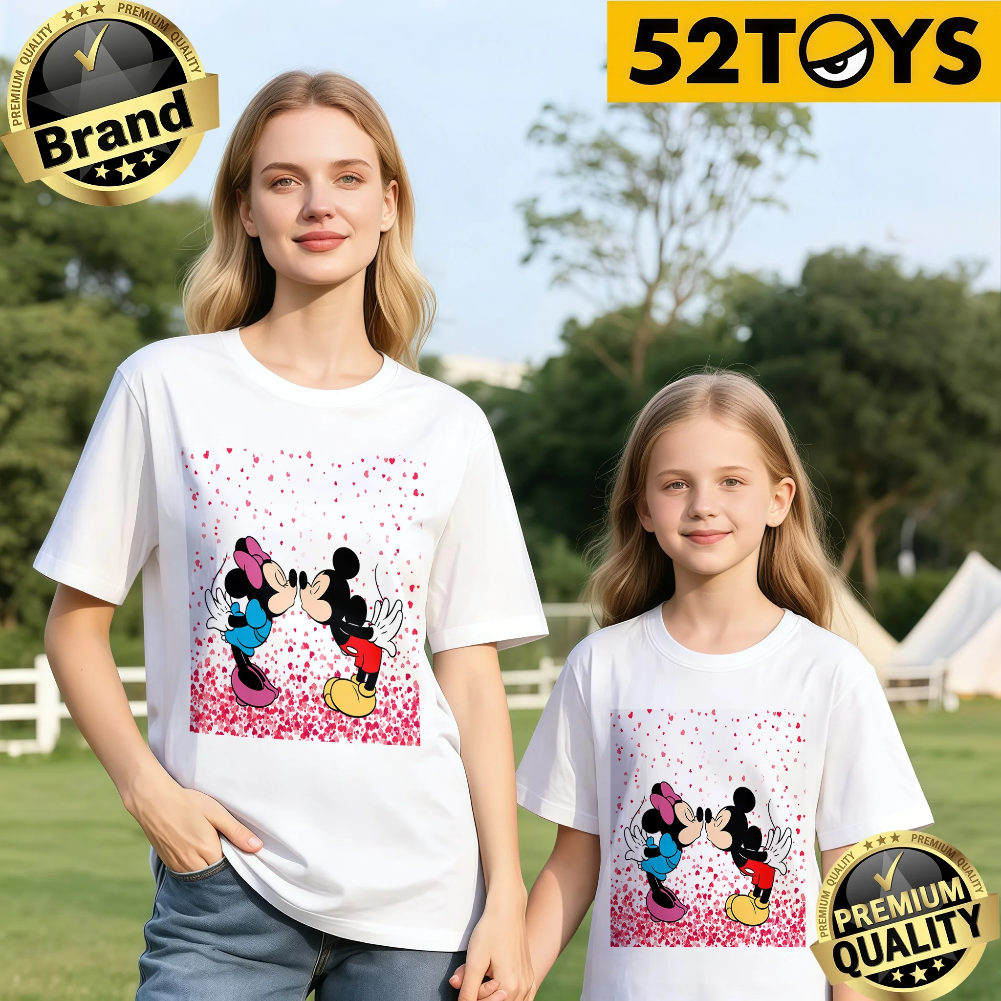 

2026 Summer Children's Family Clothing Pure Cotton T-Shirt, Mickey and Minnie Kissing Valentine's Day Heart Top (Single Piece)