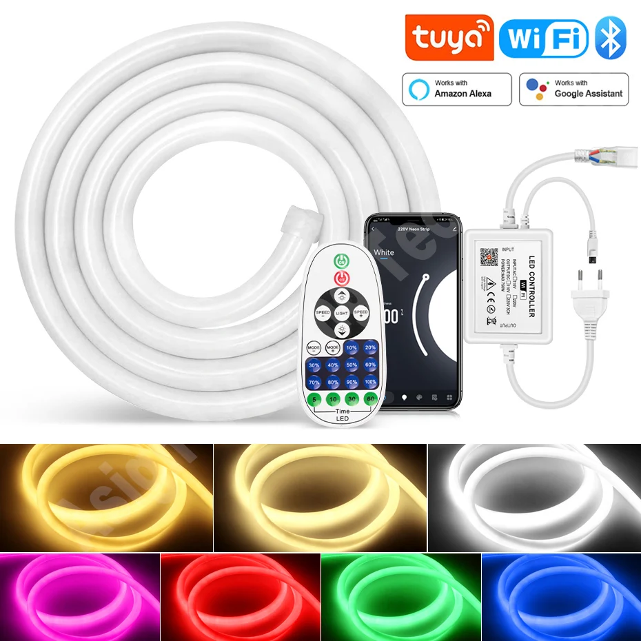 360 Round Tube Neon 120leds/m 220V Led Strip Light Waterproof IP67 Rope String Remote/Bluetooth/WiFi Control for Home Decoration