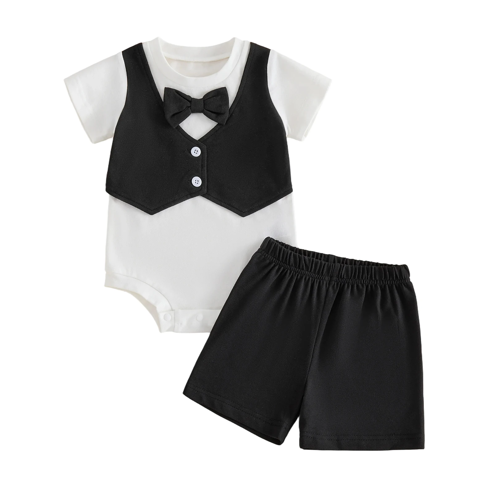Baby Boy Gentleman Outfit Fake Two Pieces Waistcoat Short Sleeve Romper Solid Shorts 2Pcs Set