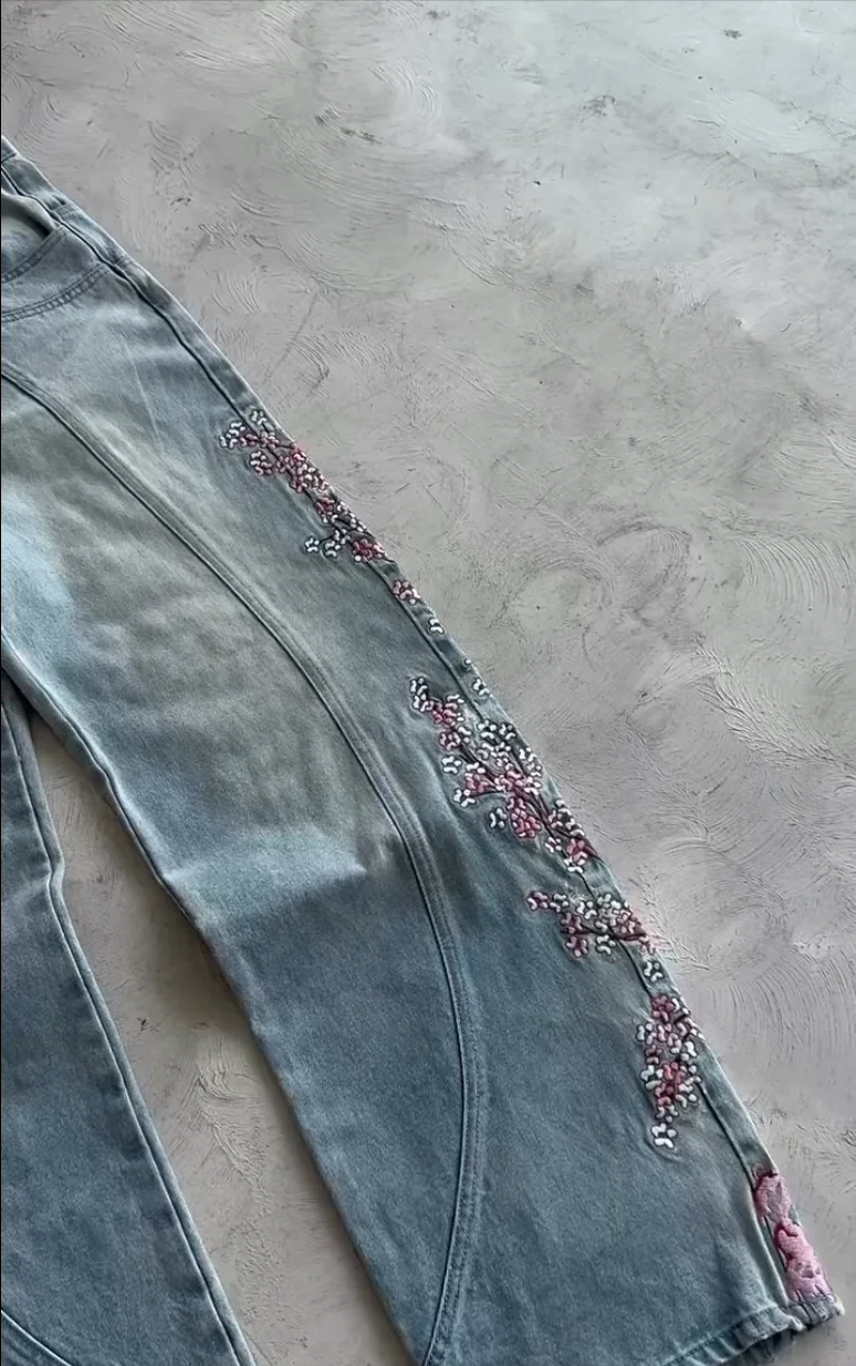 アメリカンレトロ刺繍デニムパンツ 桜柄 Y2K レトロ ルーズ ストリート ストレートジーンズ ハイウエスト ブルー ジーンズ