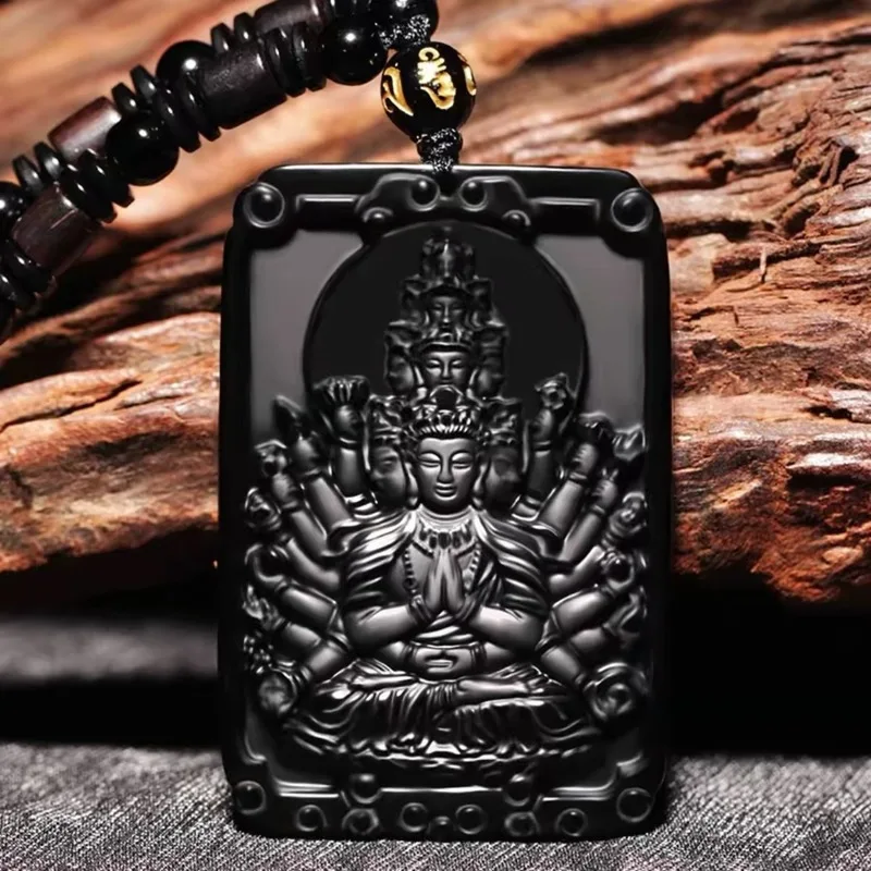 Square-Shaped Natural Obsidian Pendant Featuring Twelve Zodiac Animals And Their Corresponding Guardian Deities, Suitable Fo