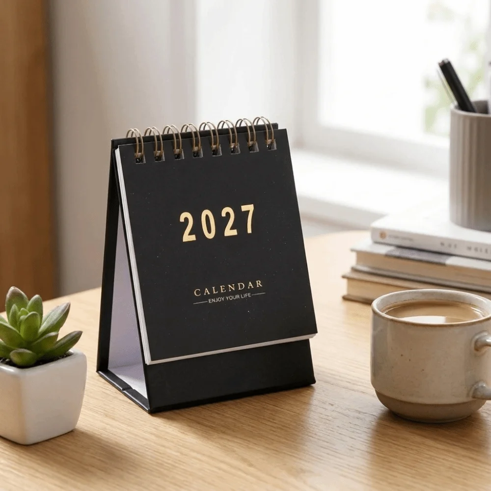 Vertical 2027 Mini Calendar Gold-stamped English Gold Foil Spiral Calendar Thick Paper Office Calendar Desktop Decoration