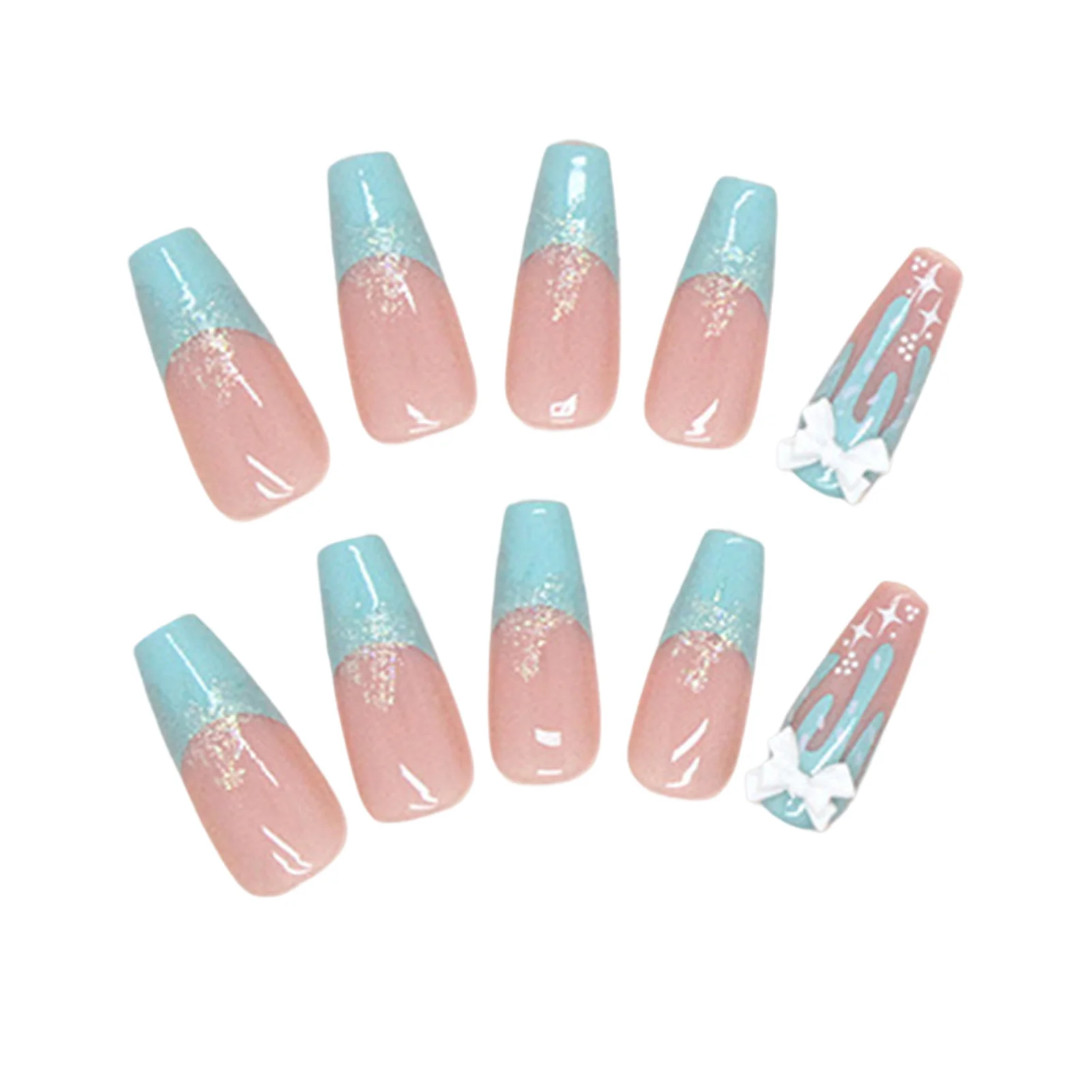 Summer 3D  Decor Blue Pink False Nails Chip-Proof Smudge-Proof Fake Nails for Women and Girl Nail Salon