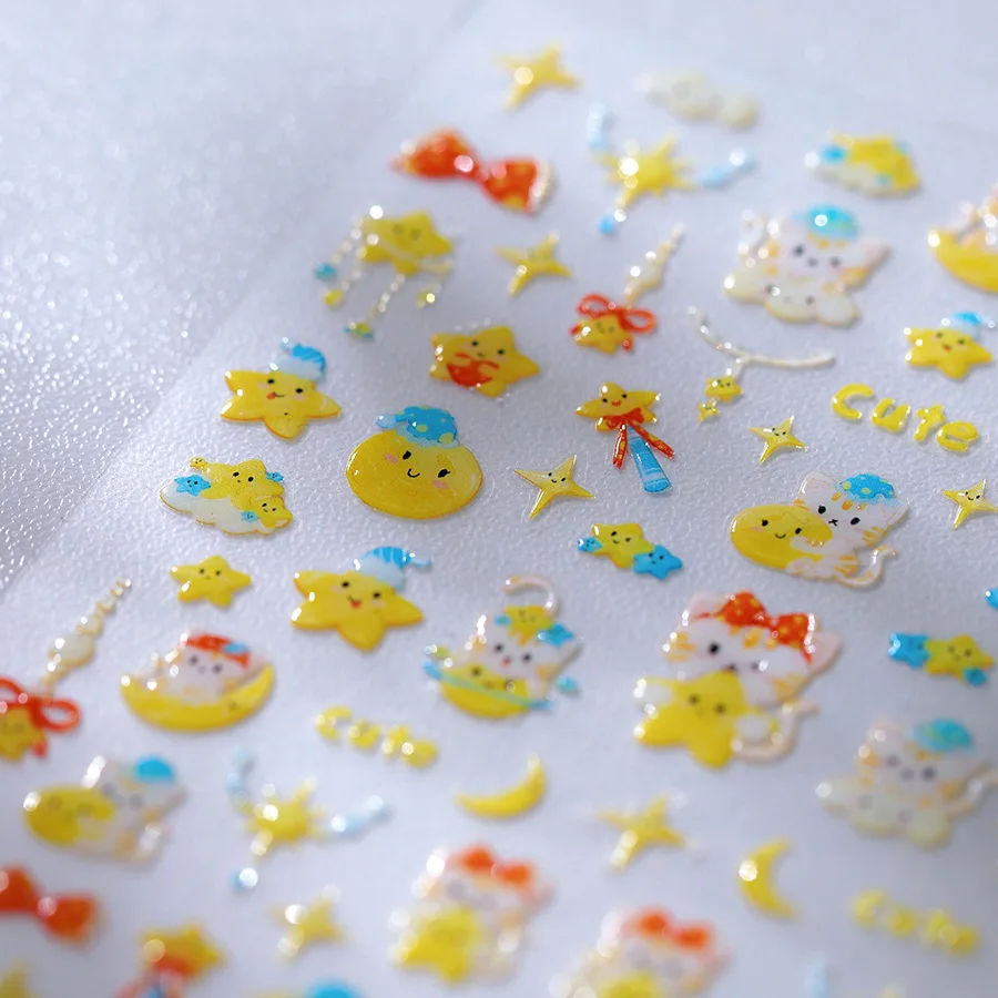 Lovely Cat Bowknot Stars Moon Cartoon 3D Jelly Self Adhesive Nail Art Stickers Cute Kitten Flowers Manicure Decals Wholesale