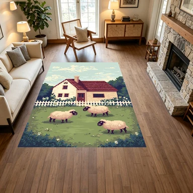 Pixel Art Cottage Sheep Carpet Flooring Retro Style Household Floor Carpet