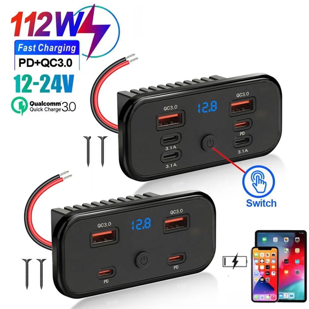 6 in 1 Quick Charger Panel PD QC3.0 Car Charger Socket 3.1A 12V/24V Motorcycle Bus Dual USB Power Outlet with Switch Voltmeter