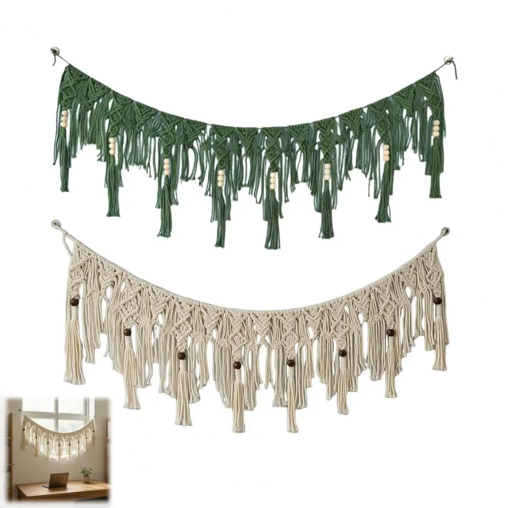 Hand Woven Boho Garland Wall Hanging with Wooden Beads Cotton Tassel Banner Nordic Wall Tapestry Bohemian Decor for Living Room