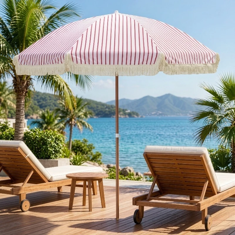 2.3m Striped Beach Umbrella UPF50+ Silver Coated Tilt Sun Shade Aluminum Pole Vented Canopy for Patio Pool Garden Outdoor