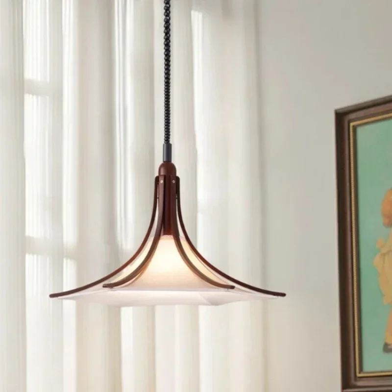 SANDYHA Retro Vintage Solid Wood Fabric LED Chandelier Hanging Lamp Living Room Dining Table Pendant Light Home Decoration