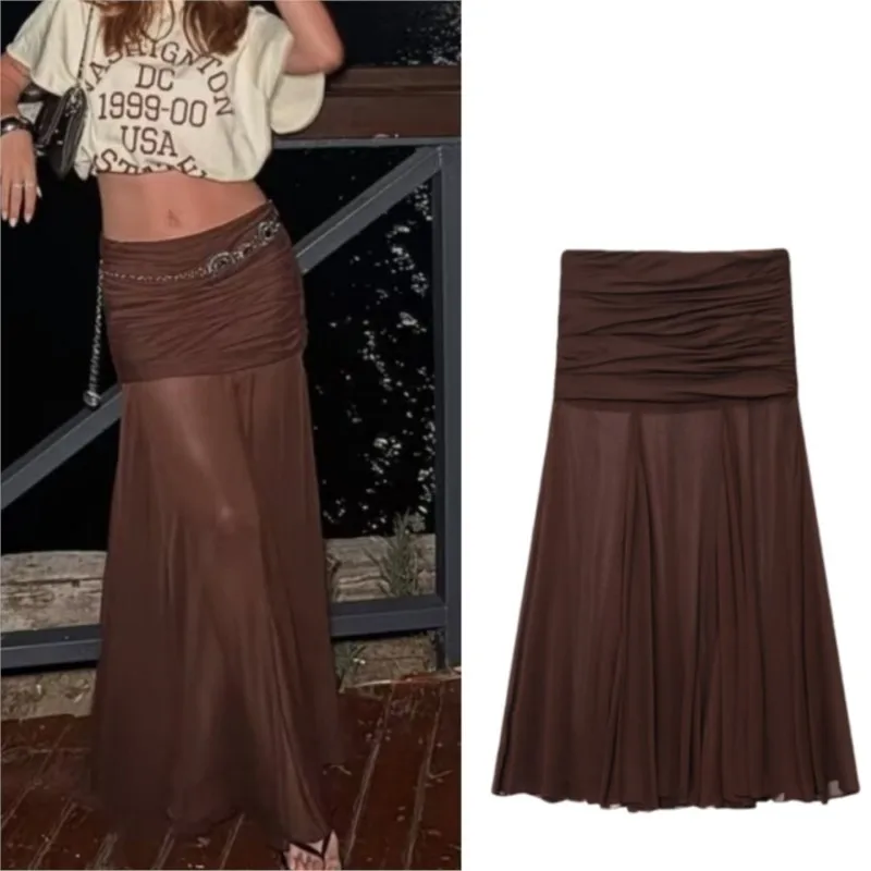 

Элегантные шикарные юбки, женская мода, сексуальная полупрозрачная плиссированная подол с открытой стороной и юбкой на молнии, новинка 2025, летняя темно-коричневая юбка-миди