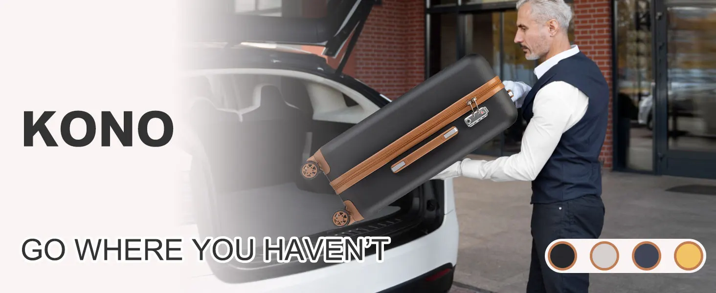 KONO branded advertisement showing luggage transportation scenario with text 'GO WHERE YOU HAVEN'T' overlay.