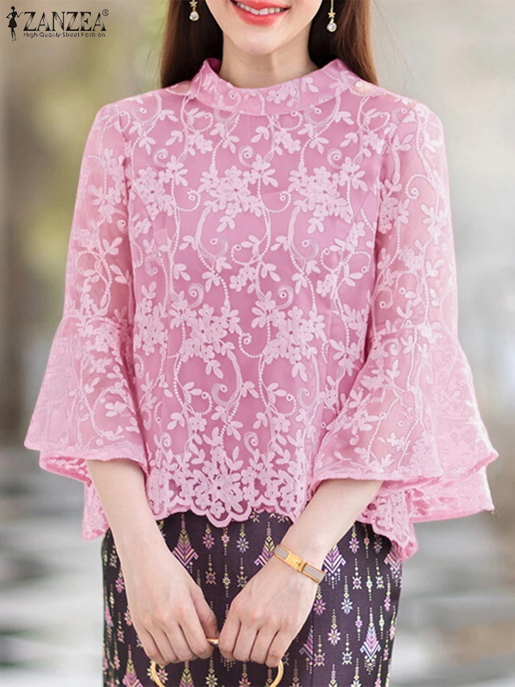

Elegaant Lace Patchwork Blouses 2025 ZANZEA Office Women Shirt Summer Stylish Hollow Out Holiday Tops 3/4 Sleeve Work OL Blusas