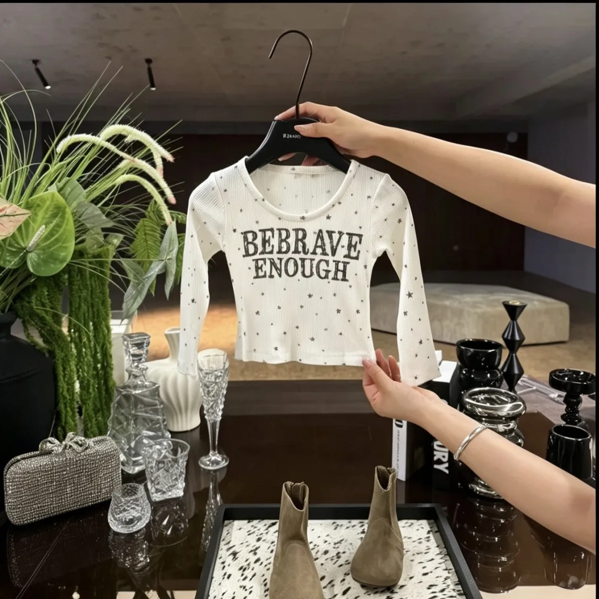 Autumn Girls' T-shirts Fashionable Full Print Star U-neck Letter Print Pit Stripe Long Sleeved Top Base Shirt Trendy